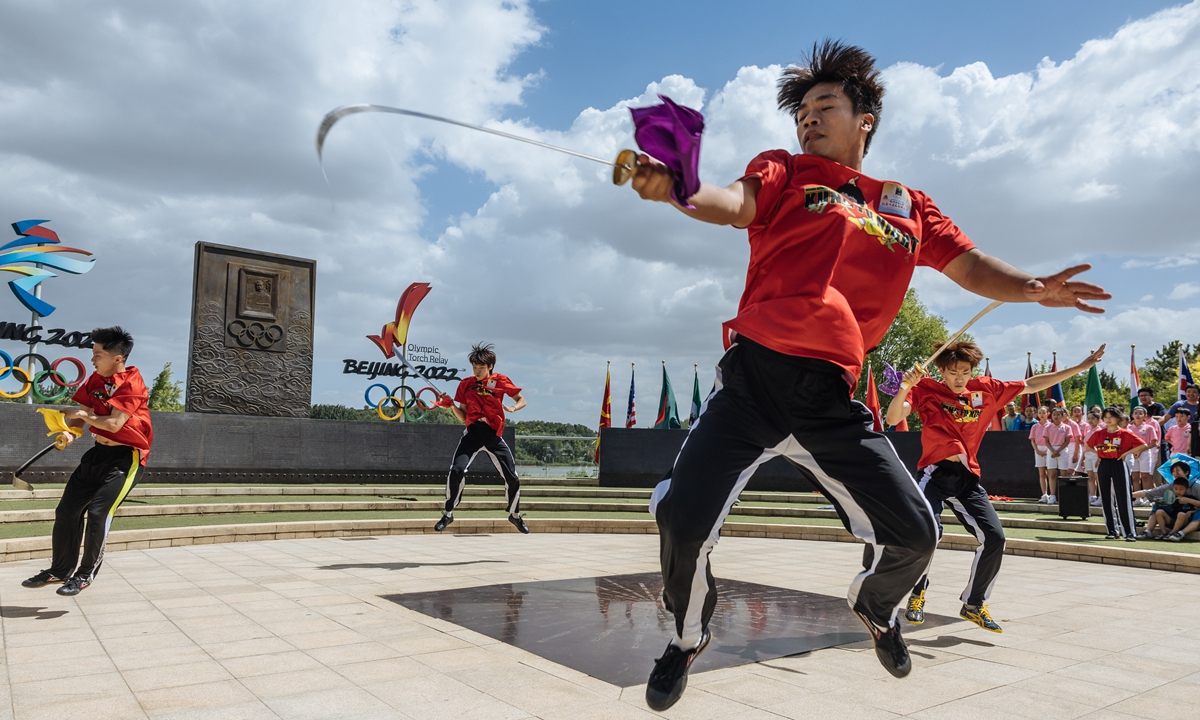 Performers practice wushu during a ceremony to celebrate the 130 years of the International Olympic Committee, on June 23, 2024 in Beijing. Photo: Li Hao/GT