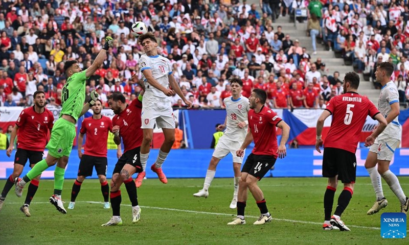 Mojmir Chytil (top) of the Czech Republic vies for a header during the UEFA Euro 2024 Group F match between Georgia and the Czech Republic in Hamburg, Germany on June 22, 2024. (Photo: Xinhua)