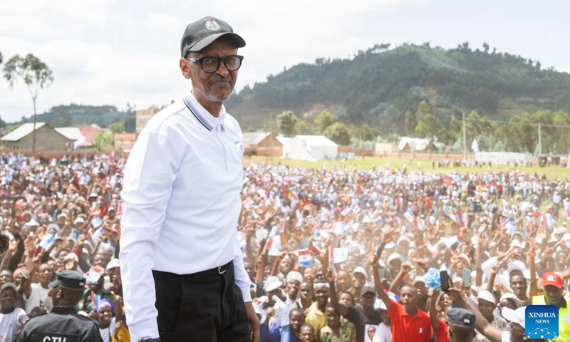 Rwandan President Paul Kagame is pictured during the launch of presidential campaign in Musanze, Rwanda, June 22, 2024.

Campaigning started Saturday in Rwanda ahead of next month's presidential and legislative elections.

Three presidential candidates are in the race including incumbent President Paul Kagame of the ruling Rwanda Patriotic Front (RPF), Frank Habineza of the opposition Democratic Green Party of Rwanda and Philippe Mpayimana, an independent candidate.(Photo: Rwandan Office of the President/Xinhua)
