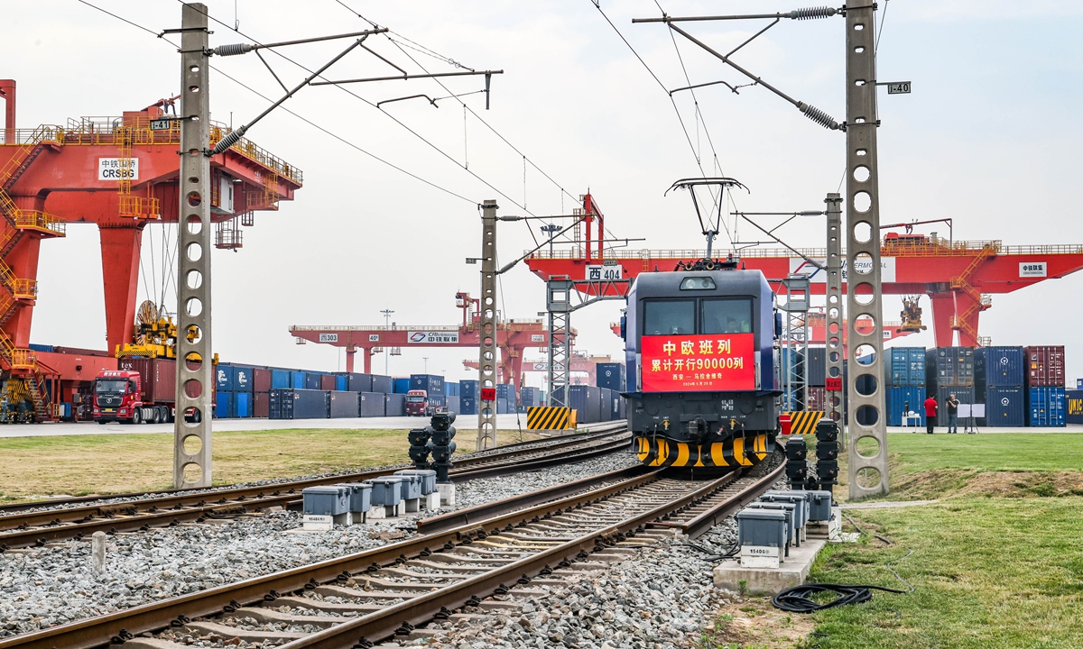 Freight train X8157, the 90,000th China-Europe freight train, heads to Malaszewicze, Poland from Xi'an, capital city of Northwest China's Shaanxi Province on May 25, 2024.  Photo: VCG