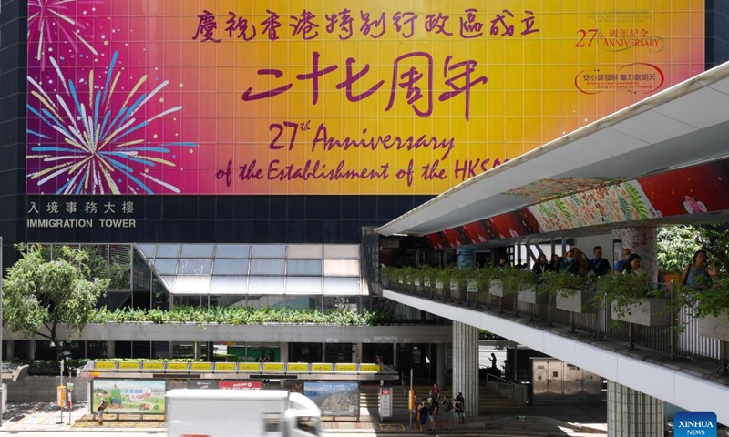 A poster on the 27th anniversary of the establishment of the Hong Kong Special Administrative Region is seen on the Immigration Tower in Hong Kong, south China, June 23, 2024. This year marks the 27th anniversary of Hong Kong's return to the motherland.  (Photo: Xinhua)