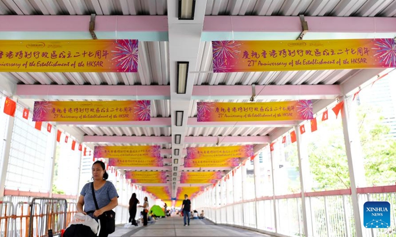 Posters on the 27th anniversary of the establishment of the Hong Kong Special Administrative Region are seen at an overpass in Hong Kong, south China, June 23, 2024. This year marks the 27th anniversary of Hong Kong's return to the motherland. (Photo: Xinhua)