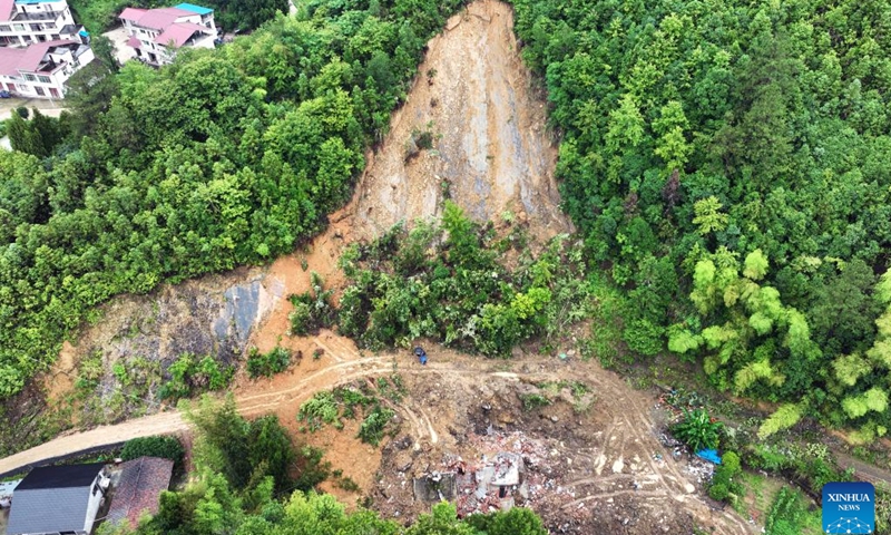 An aerial drone photo taken on June 24, 2024 shows the site of a landslide in Yikeng Village, Xiushui County of Jiujiang, east China's Jiangxi Province. Heavy rainfall hit Jiangxi Province recently.(Photo: Xinhua)