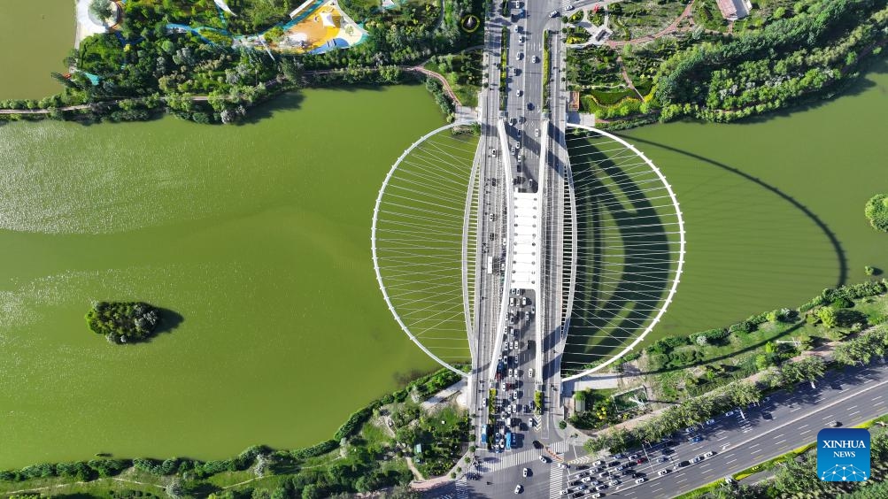 An aerial drone photo taken on June 23, 2024 shows the Fenghuang Bridge over the Diannong River in Yinchuan, northwest China's Ningxia Hui Autonomous Region(Photo: Xinhua)