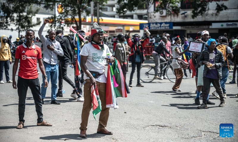 Demonstrators protest against tax hike in downtown Nairobi, capital of Kenya, June 25, 2024. At least five protestors were shot dead and more than 150 others injured in Kenya on Tuesday as protests erupted countrywide for the second week in a row against new taxation measures proposed by President William Ruto's administration.(Photo: Xinhua)