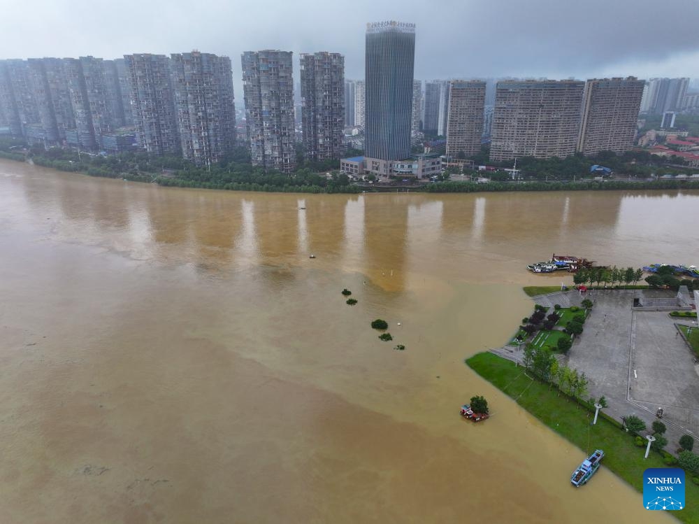An aerial drone photo taken on June 26, 2024 shows the confluence of the Xiangjiang and Liuyang rivers in Changsha, central China's Hunan Province. Due to continuous heavy rainfall, water level recorded at the Changsha hydrological observation station reached to 36.75 meters at 1:32 p.m. on Wednesday, 0.75 meters above the alert line.(Photo: Xinhua)