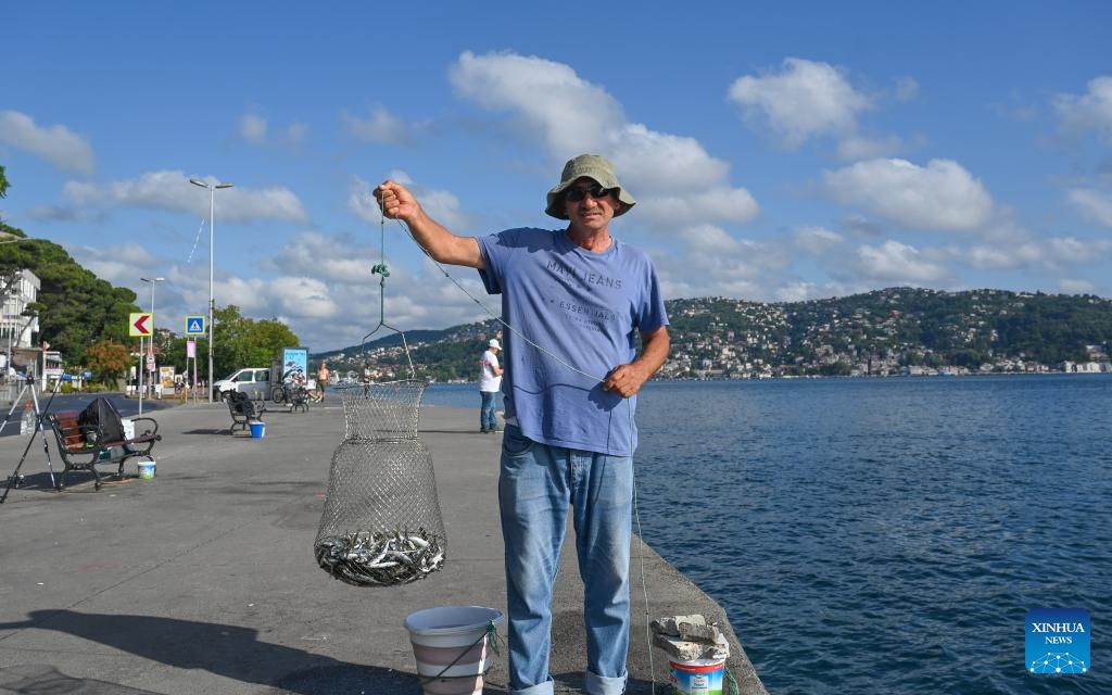 A man displays his catches by the Bosphorus Strait in Istanbul, Türkiye, June 25, 2024. (Photo: Xinhua)