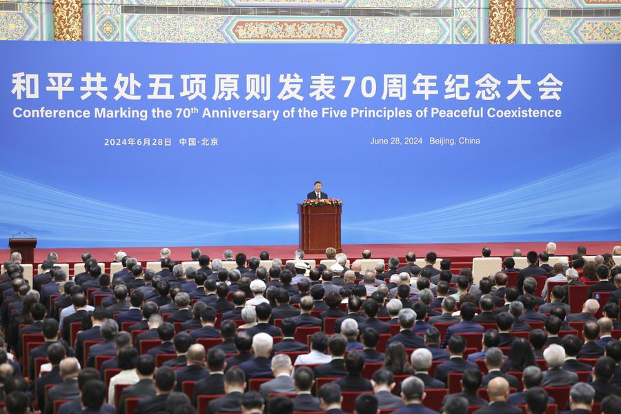Chinese President Xi Jinping attends the Conference Marking the 70th Anniversary of the Five Principles of Peaceful Coexistence and delivers an important speech titled Carrying Forward the Five Principles of Peaceful Coexistence and Jointly Building a Community with a Shared Future for Mankind at the Great Hall of the People in Beijing, capital of China, June 28, 2024.(Photo: Xinhua)