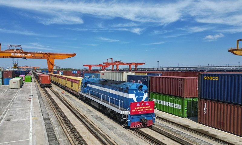 A China-Central Asia Railway Express train departs from Nanchang, East China's Jiangxi Province, heading to Kazakhstan, on March 31, 2024. Photo: VCG