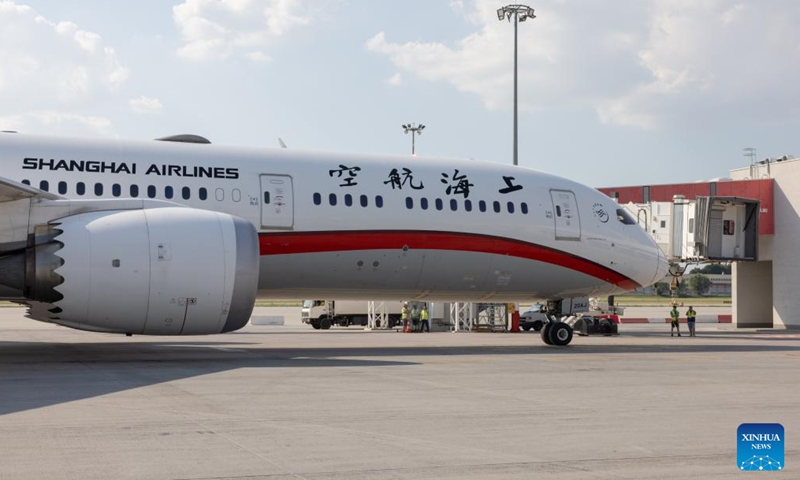 An aircraft from Xi'an, capital of northwest China's Shaanxi Province, arrives at Budapest Ferenc Liszt International Airport in Budapest, Hungary, June 29, 2024. Direct flights between Xi'an, capital of northwest China's Shaanxi Province, and Budapest resumed on Saturday.