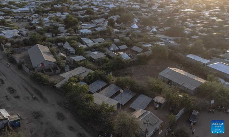 An aerial drone photo taken on June 19, 2024 shows solar panels in Kakuma refugee camp in Turkana, Kenya. (Xinhua/Wang Guansen)