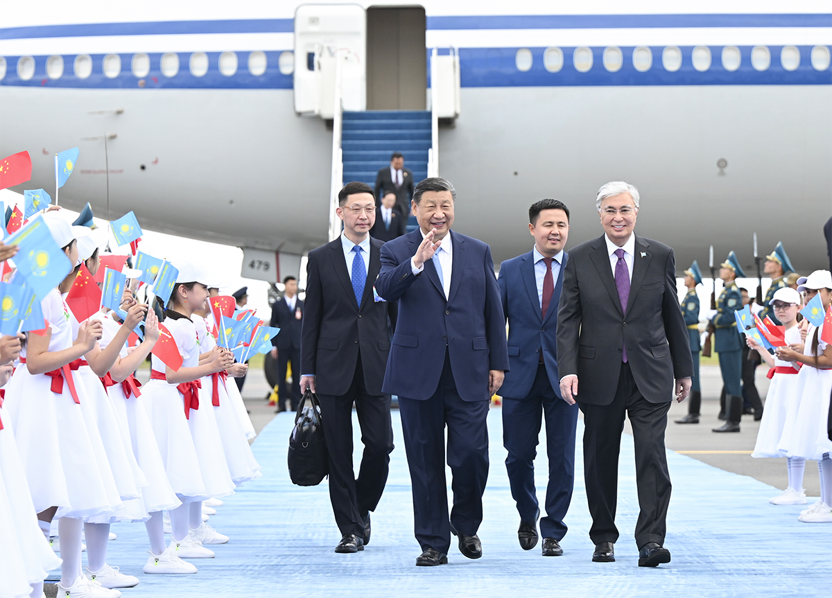 Chinese President Xi Jinping arrives in Astana, Kazakhstan, on July 2, 2024, for the 24th Meeting of the Council of Heads of State of the Shanghai Cooperation Organisation, and a state visit to Kazakhstan at the invitation of Kazakh President Kassym-Jomart Tokayev. Xi was warmly welcomed by Tokayev and a group of Kazakhstan senior officials upon his arrival at the airport. Photo: Xinhua