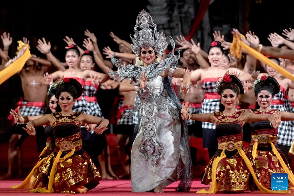 Dancers perform Kecak Dance during the Bali Arts Festival 2024 at Garuda Wisnu Kencana Cultural Park in Bali, Indonesia, June 30, 2024. This year's Bali Arts Festival is held from June 15 to July 13. (Photo: Xinhua)