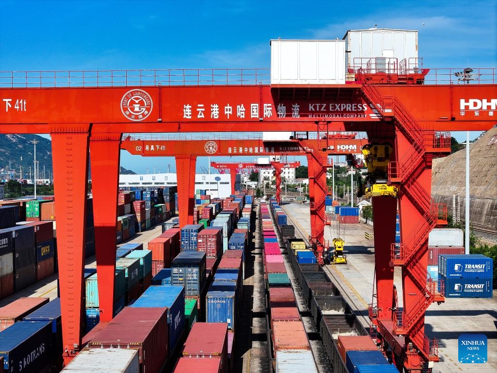 A drone photo taken on June 26, 2024 shows a view of the China-Kazakhstan (Lianyungang) Logistics Cooperation Base in Lianyungang, east China's Jiangsu Province. Launched in May 2014, the China-Kazakhstan (Lianyungang) Logistics Cooperation Base is the first entity project inaugurated under the Belt and Road Initiative. It acts as the only departure port for Kazakhstan's grain transit in China and an important dry port for landlocked Central Asian countries. (Photo: Xinhua)