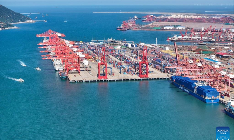 An aerial drone photo taken on June 26, 2024 shows freight ships docked at the container terminal of Lianyungang Port, east China's Jiangsu Province. Launched in May 2014, the China-Kazakhstan (Lianyungang) Logistics Cooperation Base is the first entity project inaugurated under the Belt and Road Initiative. It acts as the only departure port for Kazakhstan's grain transit in China and an important dry port for landlocked Central Asian countries. (Photo: Xinhua)