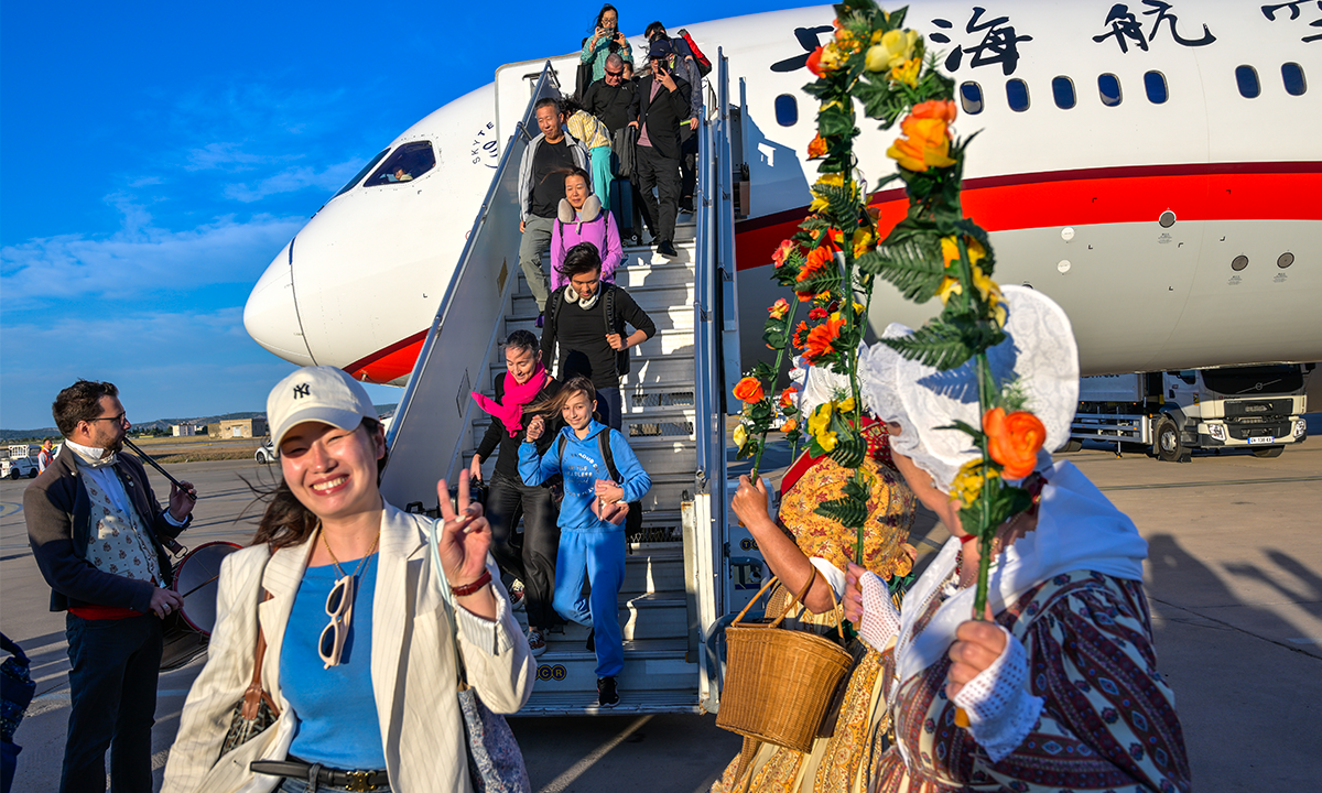 The first 273 passengers disembark a China Eastern Airlines' Boeing dreamliner 787/900 from Shanghai at Marseille Provence airport in France, as the airline opens the first direct service between Shanghai and Marseille on July 2, 2024. The route offers three round-trip flights per week, with a flight duration of about 12 hours. Photo: VCG