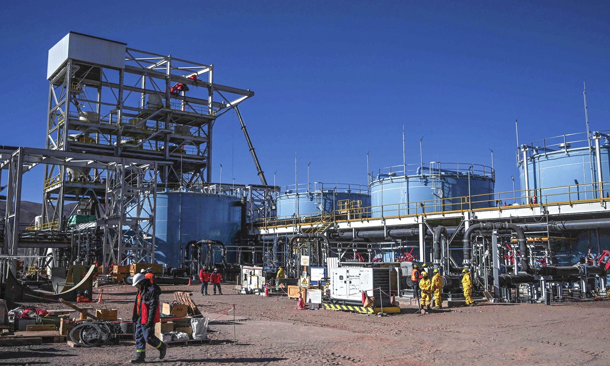 Workers are seen in the Eramine lithium extraction plant at Salar Centenario Ratones in Salta province, Argentina, on July 4, 2024. French mining group Eramet and China's Tsingshan inaugurated a lithium production plant in Argentina on July 3 to supply the booming electric car industry. Photo: VCG