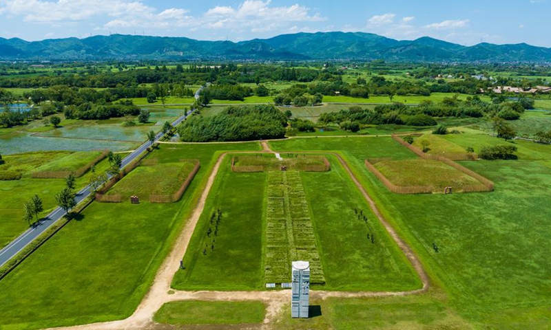 An aerial drone photo taken on July 4, 2024 shows the Land Gate Site at the Archaeological Ruins of Liangzhu City park in Hangzhou, capital city of east China's Zhejiang Province. Photo: Xinhua