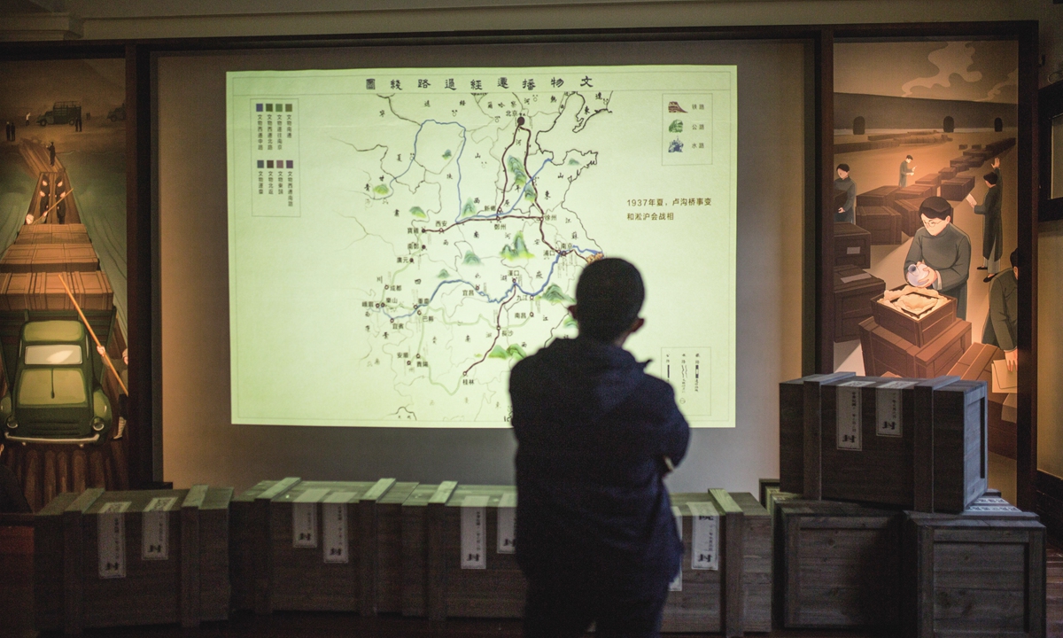 A visitor views the routes of the southward evacuation of the Palace Museum's artifacts at the exhibition in Shanghai in December 2023. Photo: Shan Jie/GT