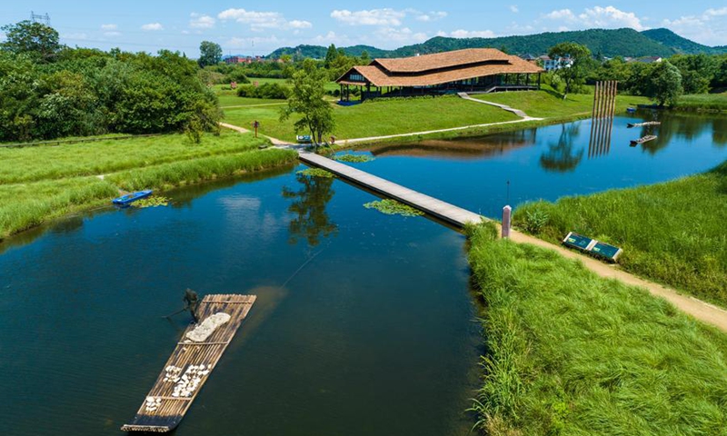 A drone photo taken on July 4, 2024 shows a display spot of Southern City Wall Site at the Archaeological Ruins of Liangzhu City park in Hangzhou, capital city of east China's Zhejiang Province. Photo: Xinhua