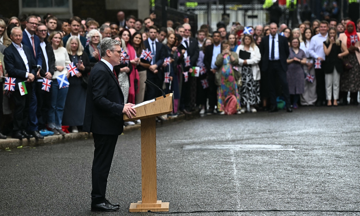 Britain's new prime minister and leader of the Labour Party Keir Starmer addresses the nation after his <strong></strong>general election victory, outside 10 Downing Street in London on July 5, 2024, a day after Britain held a general election. Starmer's center-left opposition Labour party swept to a landslide victory, ending 14 years of right-wing Conservative rule. Photo: AFP