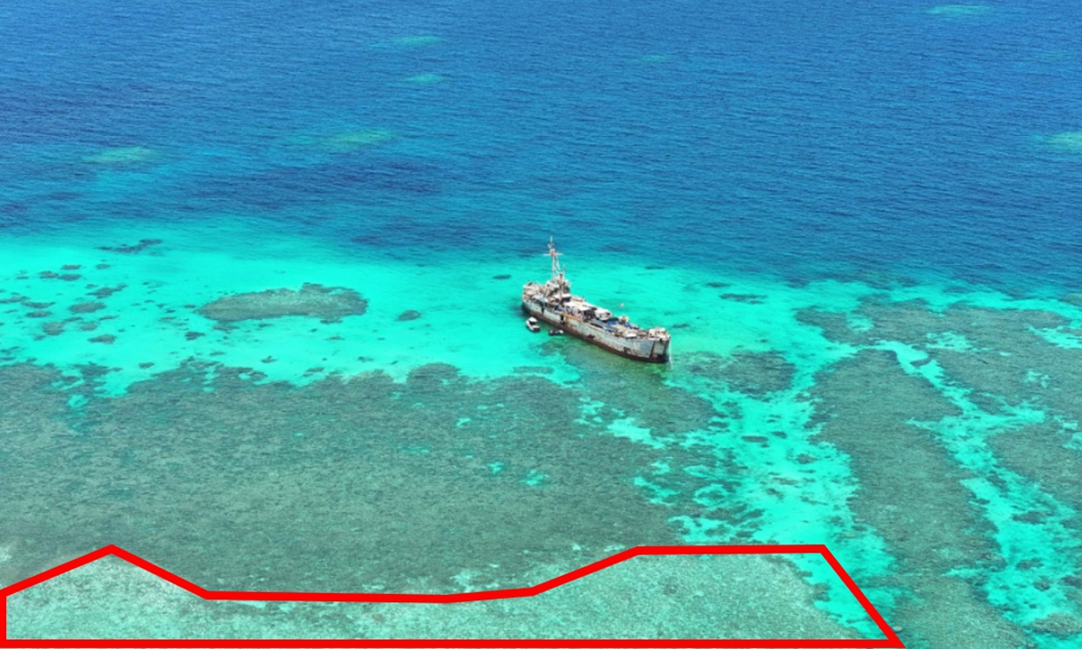 Photo taken by unmanned aircraft shows a great deal of dead corals found in the red polygon. Photo: Courtesy of South China Sea Ecological Center of China's Ministry of Natural Resources