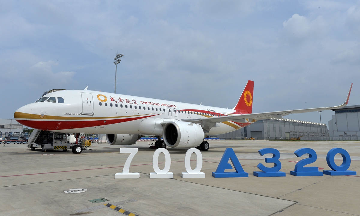 The A320neo aircraft handed over to Chengdu Airlines is pictured in Tianjin, North China, July 8, 2024. European aircraft manufacturer Airbus on Monday delivered its 700th A320 family aircraft assembled at its A320 Family Final Assembly Line Asia (FALA) in Tianjin. Photo:VCG