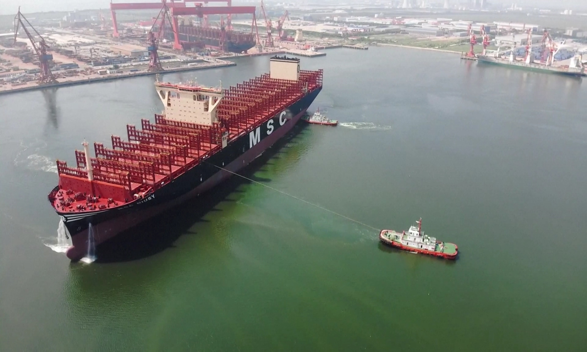 A shipyard under the China State Shipbuilding Corp delivers a large container ship from its base in North China's Tianjin Municipality on September 27,<strong></strong> 2023. Photo: VCG