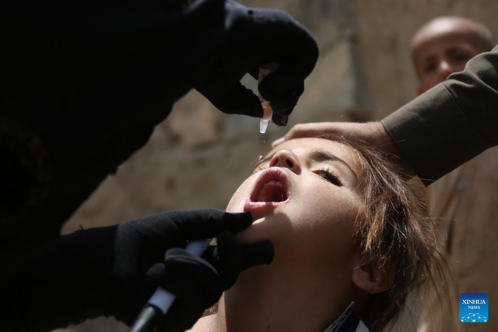 A child is given a dose of anti-polio vaccine in Kabul, Afghanistan, July 9, 2024. A four-day house-to-house anti-polio campaign kicked off in 23 of Afghanistan's 34 provinces on Monday, local media reported (Photo: Xinhua)