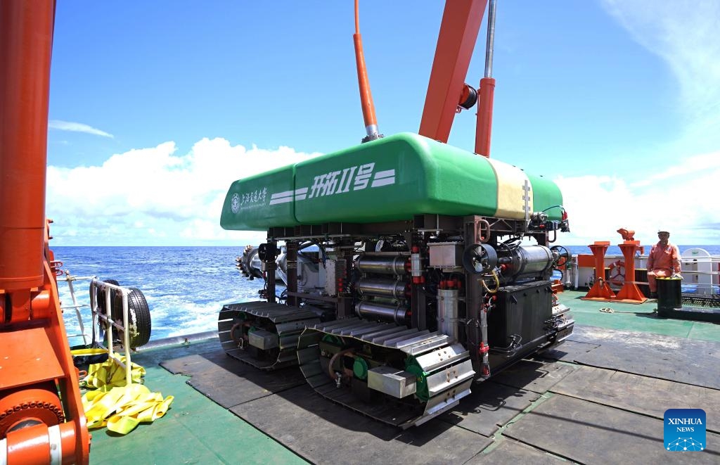 This photo taken on June 20, 2024 shows the deep-sea heavy-duty mining vehicle Pioneer II developed by Shanghai Jiao Tong University. China's deep-sea heavy-duty mining vehicle has completed a sea trial at a depth exceeding 4,000 meters, marking a significant breakthrough in the country's deep-sea mineral resource development technology. (Photo: Xinhua)