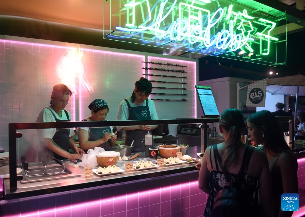 A stall for Chinese specialty food is pictured at Vienna's Rathausplatz, Austria, July 8, 2024. (Photo: Xinhua)