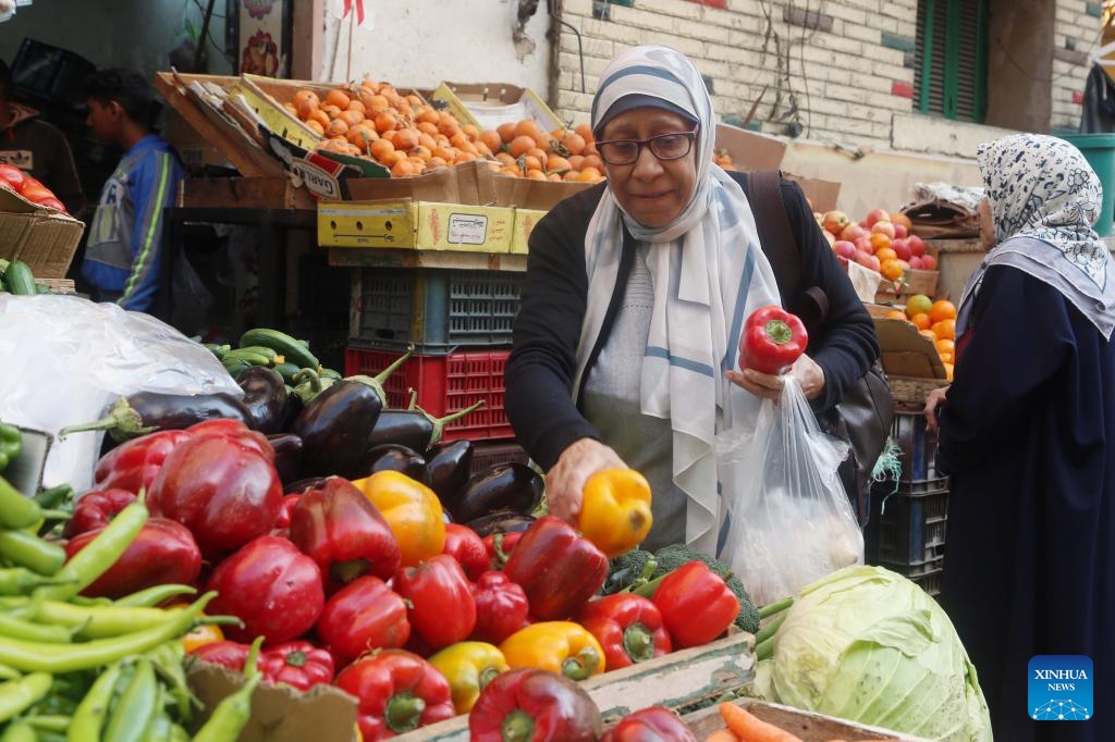 A woman selects vegetables at a stall in Cairo, Egypt, on July 10, 2024. Egypt's annual headline inflation rate dropped to 27.1 percent in June, down from 27.4 percent in May, continuing a downward trend for the fourth consecutive month, the country's statistics body reported on Wednesday. (Photo: Xinhua)