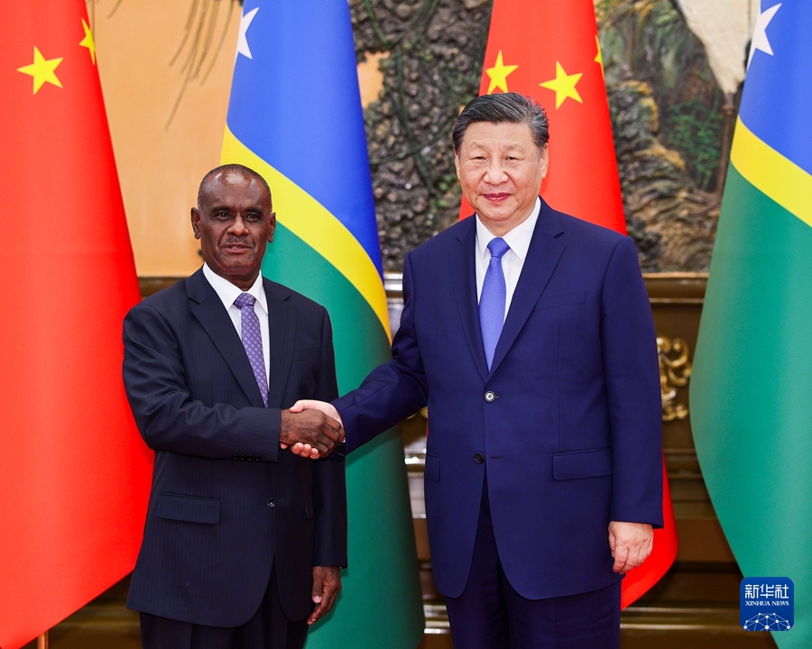 Chinese President Xi Jinping meets with Prime Minister of the Solomon Islands Jeremiah Manele in Beijing on July 12,<strong></strong> 2024. 
