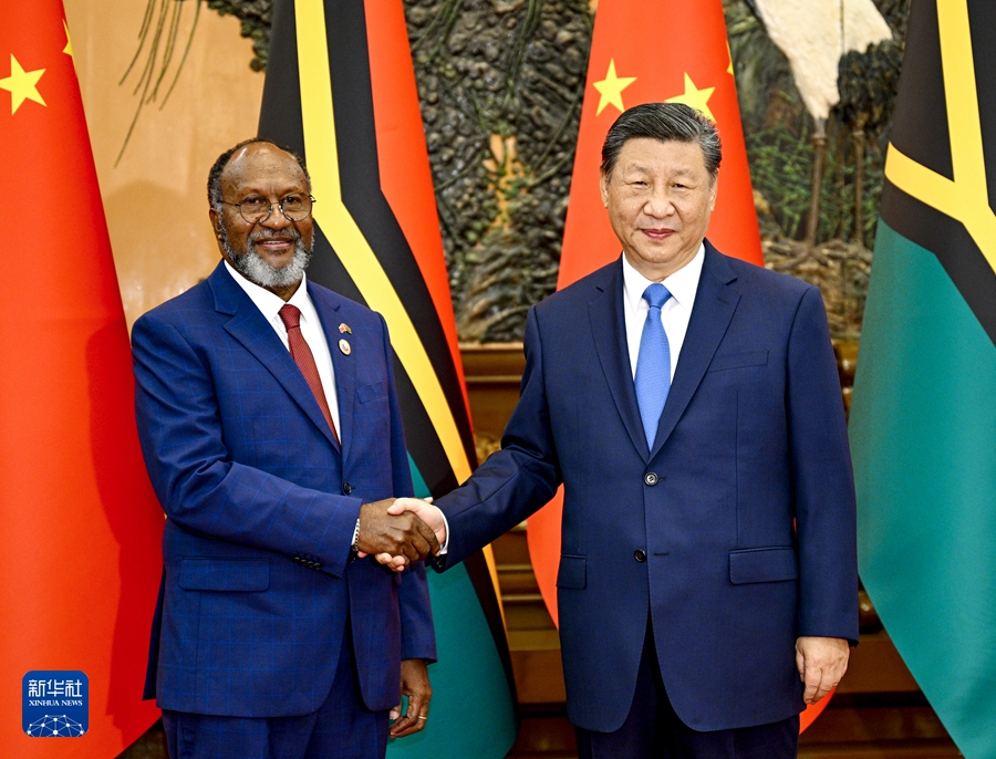 Chinese President Xi Jinping meets with Prime Minister of the Republic of Vanuatu Charlot Salwai in Beijing on July 12, 2024. 