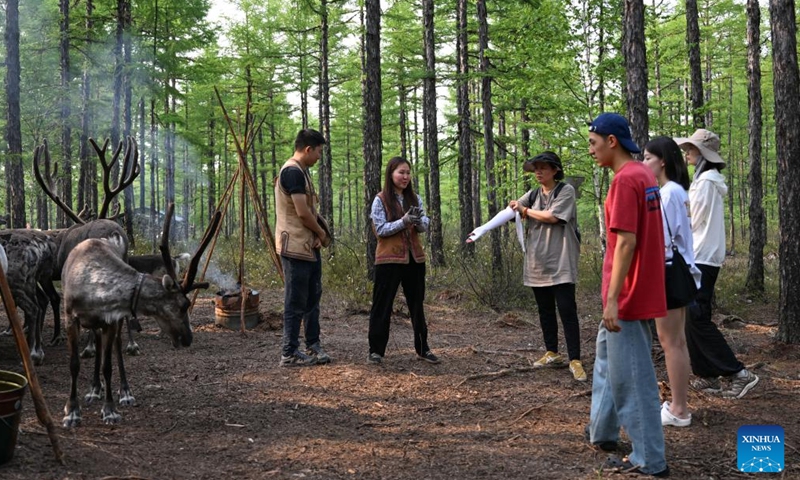 Ayousha (2nd L) communicates with tourists at the reindeer herding site in Jinhe Town of Genhe City, north China's Inner Mongolia Autonomous Region, July 3, 2024. (Xinhua/Bei He)