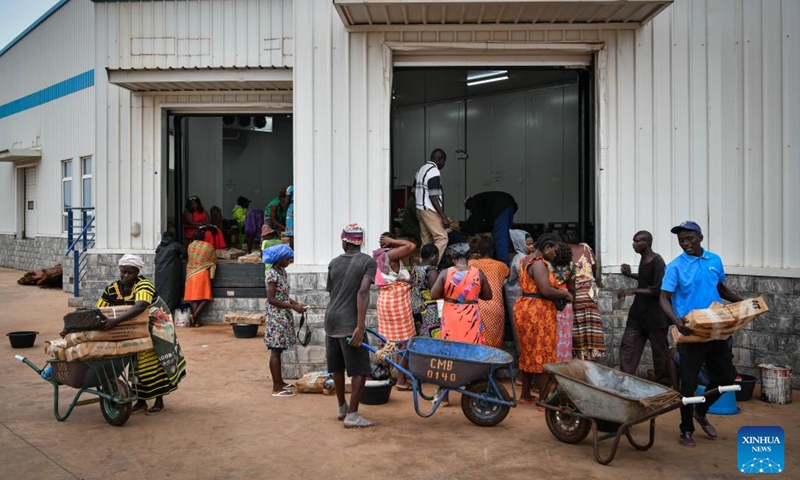 Local residents and dealers purchase aquatic products at a Chinese-built aquatic products processing and storage complex in Bissau, Guinea-Bissau, on July 8, 2024.