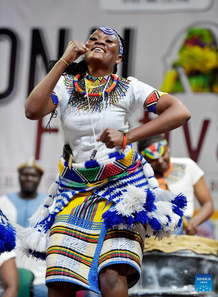 An artist performs Sebirwa traditional dance during the 13th Annual National Arts Festival for Traditional Song and Dance at Sir Seretse Khama Barracks in Gaborone, Botswana, July 13, 2024.(Photo by Tshekiso Tebalo/Xinhua)