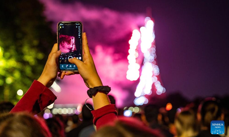 Fireworks explode near the Eiffel Tower during the Bastille Day celebrations in Paris, France, July 14, 2024. France held the celebrations of the French National Day, or Bastille Day, on Sunday. (Xinhua/Sun Fei)