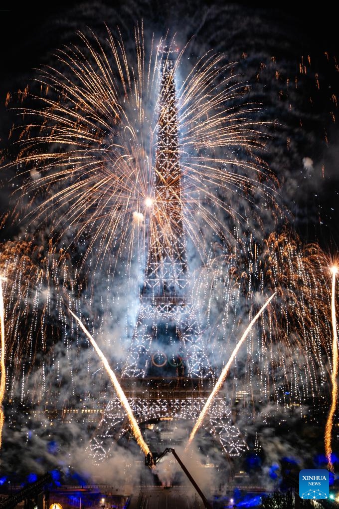 Fireworks explode near the Eiffel Tower during the Bastille Day celebrations in Paris, France, July 14, 2024. France held the celebrations of the French National Day, or Bastille Day, on Sunday. (Xinhua/Xu Chang)