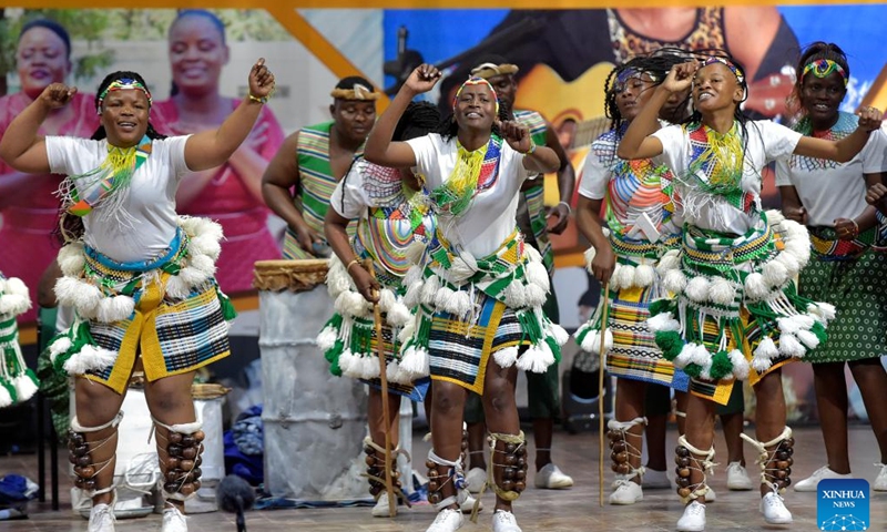 Sebonda Arts Group performs Sebirwa traditional dance during the 13th Annual National Arts Festival for Traditional Song and Dance at Sir Seretse Khama Barracks in Gaborone, Botswana, July 13, 2024.(Photo by Tshekiso Tebalo/Xinhua)