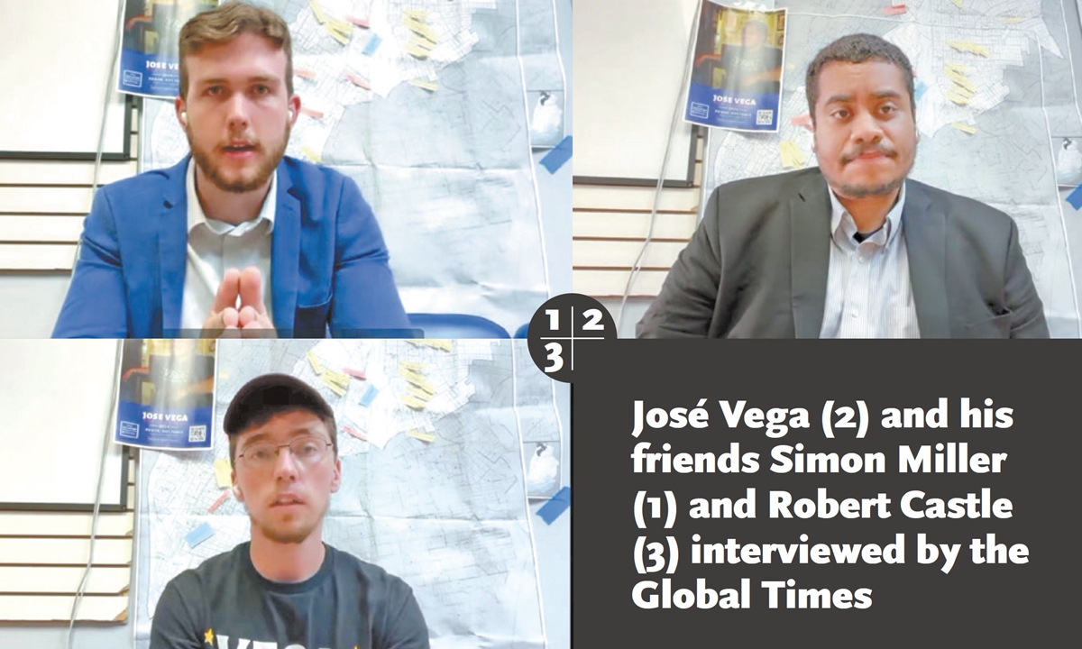 José Vega (2) and his friends Simon Miller (1) and Robert Castle (3) interviewed by the Global Times 
