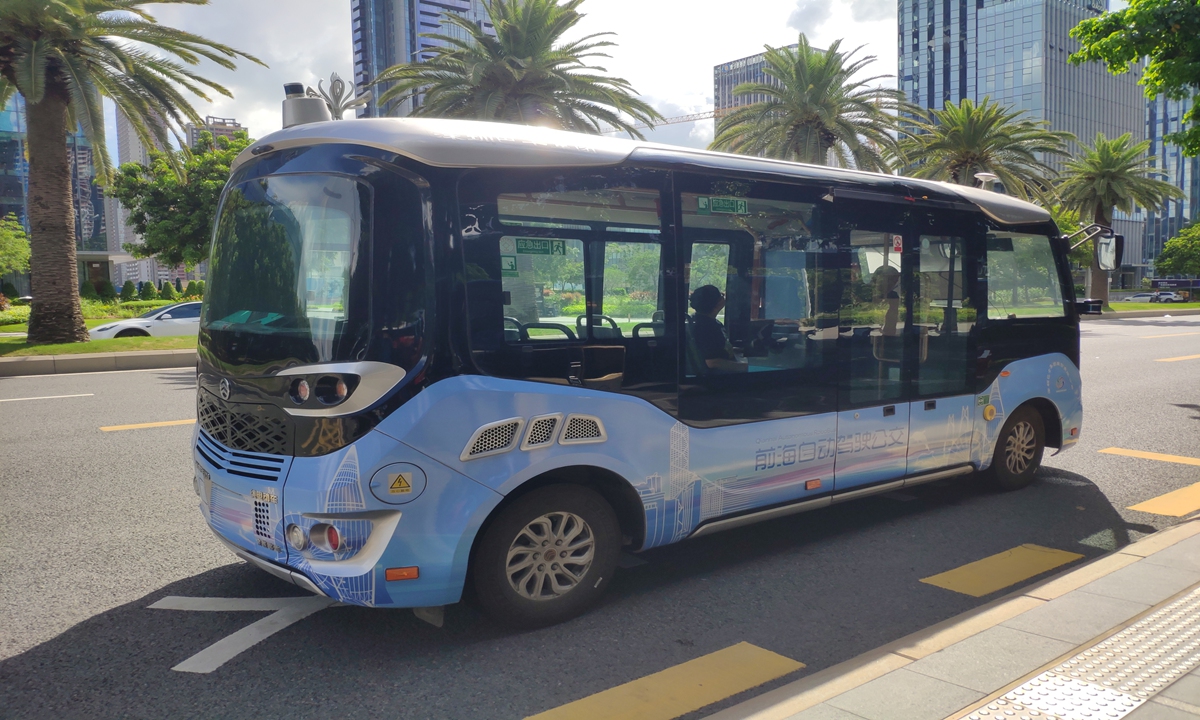 An autonomous driving bus undergoes testing in the Qianhai Cooperation Zone in Shenzhen, South China's Guangdong Province on July 17, 2024. The Shenzhen Bus Group plans to launch such buses in Qianhai this year, and a subsidiary of the company has been given approval to operate four autonomous driving bus lines. The first of these is expected to go into operation by the end of July. Photo: VCG