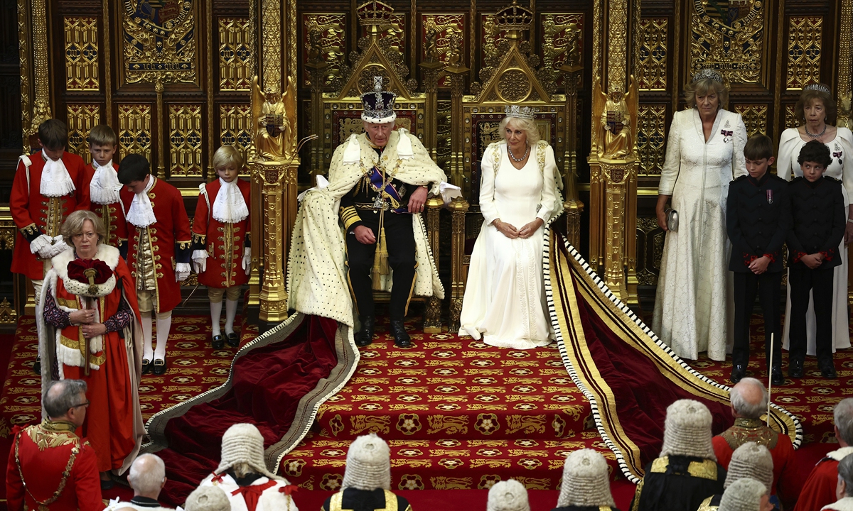 The UK's King Charles III, with Queen Camilla at his side, prepares to deliver the Labour government's first King's Speech in the House of Lords in London on July 17, 2024. The speech outlined the draft laws which Labour plans to introduce in the coming months, including bills on workers' rights and illegal immigration. Photo: VCG