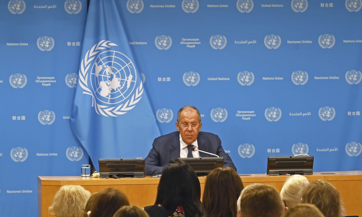 Russian Foreign Minister Sergey Lavrov holds a press conference at the United Nations headquarters on July 17, 2024 in New York, during which he said that Russia will run after nobody, but is willing to engage in dialogue when the West comes to its senses and abandons its superiority mania. Photo: VCG