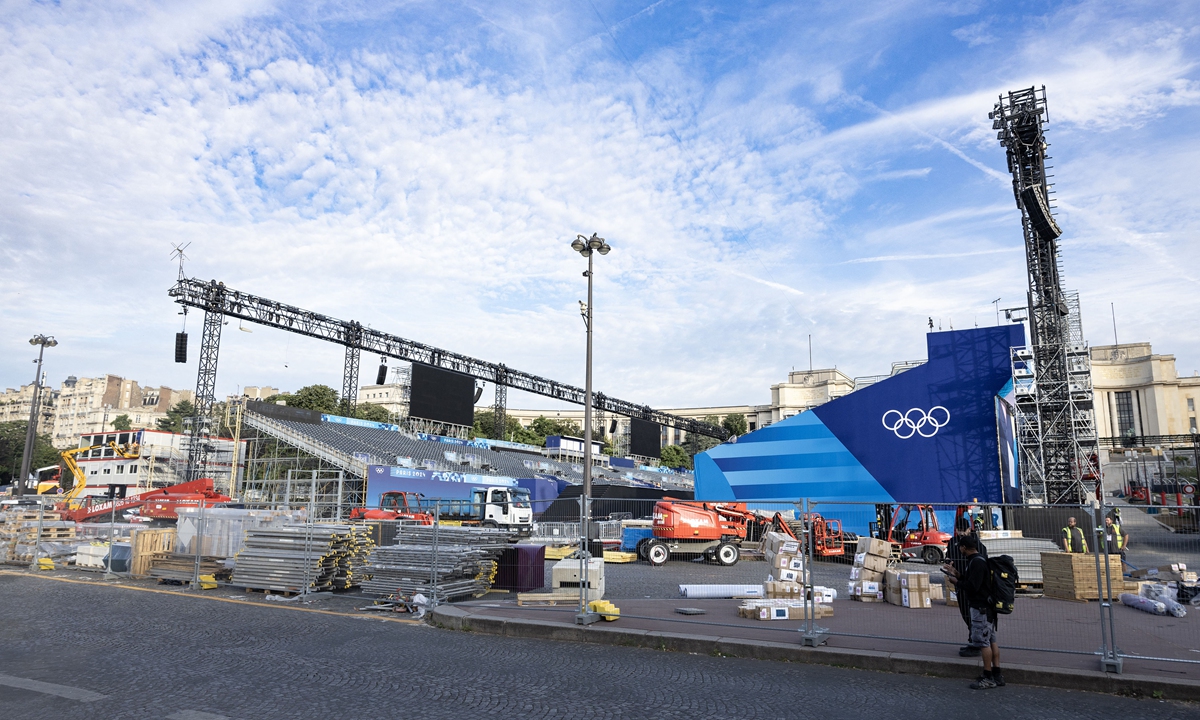 Preparation work is carried out at the Place du Trocadero on July 18, 2024 in Paris, France, ahead of the Olympic Games Paris 2024 which will last from July 26 to August 11. Facing the Eiffel Tower, the Trocadero will be an important venue for the Olympics as the opening ceremony will be staged here. Photo: AFP