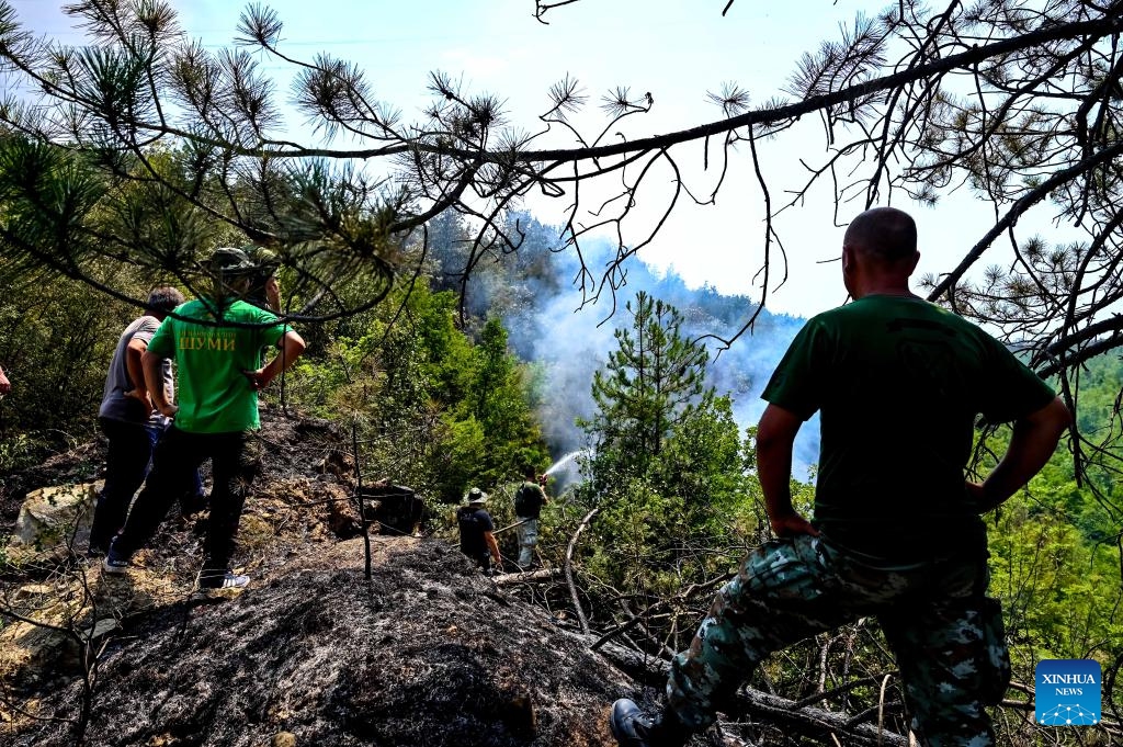 Firefighters work to put out a fire in the Serta mountain near Negotino, North Macedonia on July 16, 2024. (Photo: Xinhua)