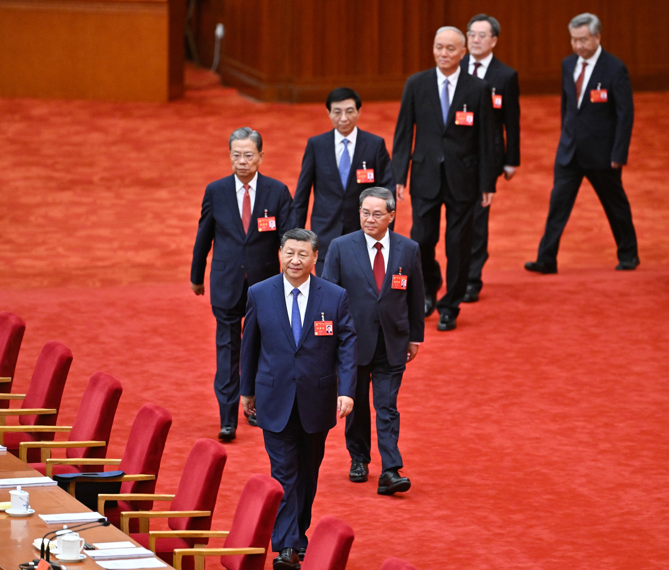 Xi Jinping, Li Qiang, Zhao Leji, Wang Huning, Cai Qi, Ding Xuexiang and Li Xi arrive to attend the third plenary session of the 20th Communist Party of China (CPC) Central Committee in Beijing. The plenary session was held from July 15 to 18, 2024. Photo: Xinhua