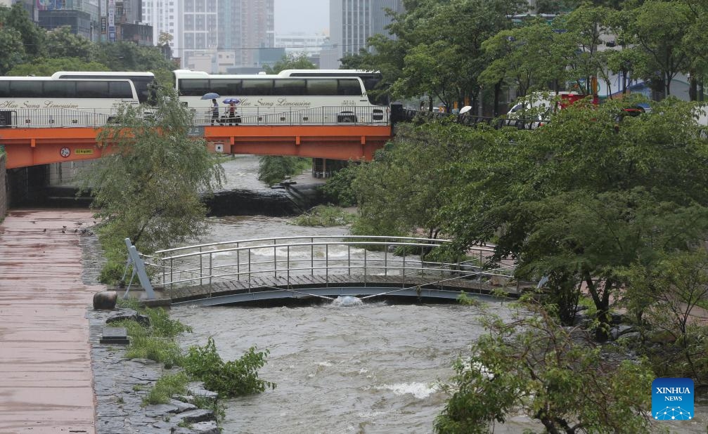 This photo taken on July 18, 2024 shows torrents in Cheonggyecheon Stream in Seoul, South Korea. Seoul has seen continuous rainfall in the past few days. (Photo: Xinhua)