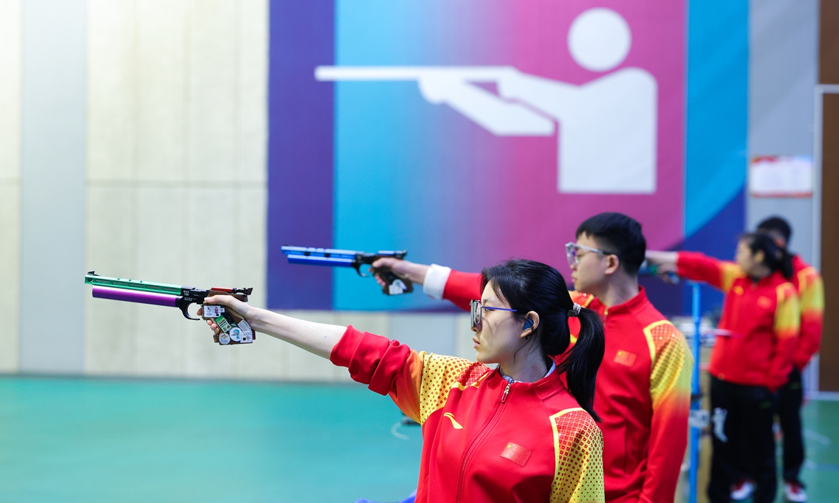 Chinese national shooting team players train before the Paris Olympic Games, in Beijing. Photo: VCG