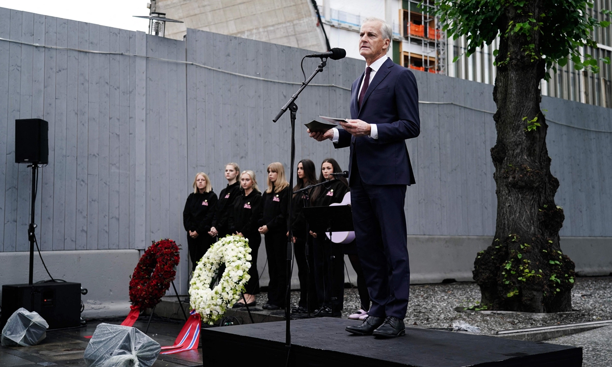 Norwegian Prime Minister Jonas Gahr Store speaks during a commemoration event at the memorial site on July 22, 2024 in front of Hoyblokka in the Government Quarter, 13 years after the terrorist attack on July 22, 2011. The 2011 Norway attacks were two domestic terrorist attacks carried out by a far-right extremist against the government and civilian population, in which a total of 77 people were killed. Photo: VCG